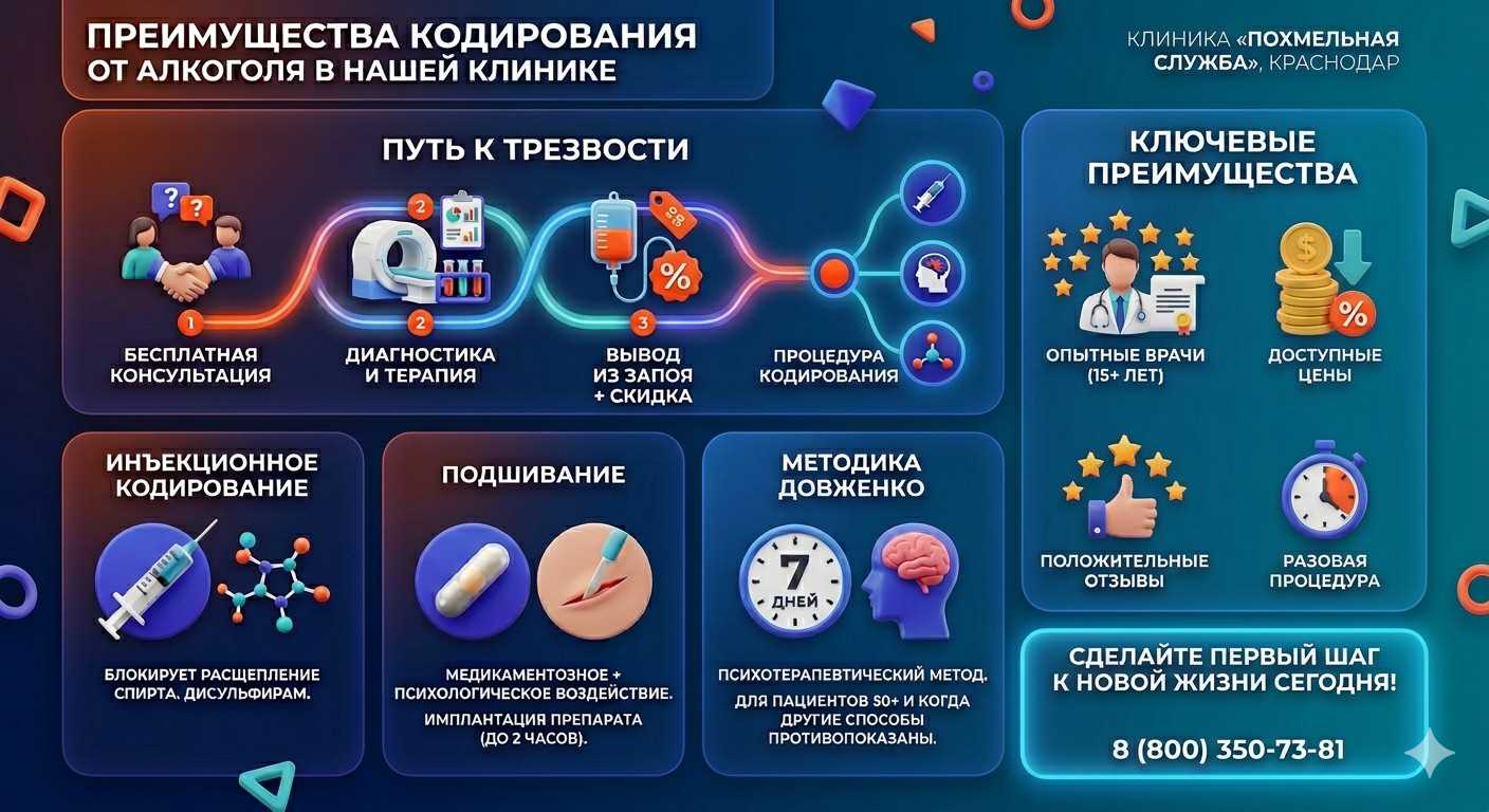 Инфографика о методах кодирования от алкоголя в Собинке: инъекции, подшивание, метод Довженко. Преимущества клиники и этапы лечения.